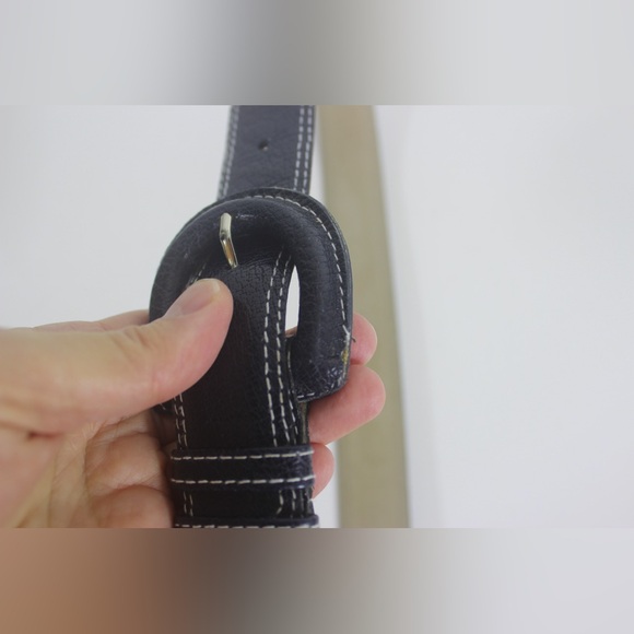 Vintage Textured Blue/Black Leather Belt with White Topstitching Self Covered - Picture 4 of 8